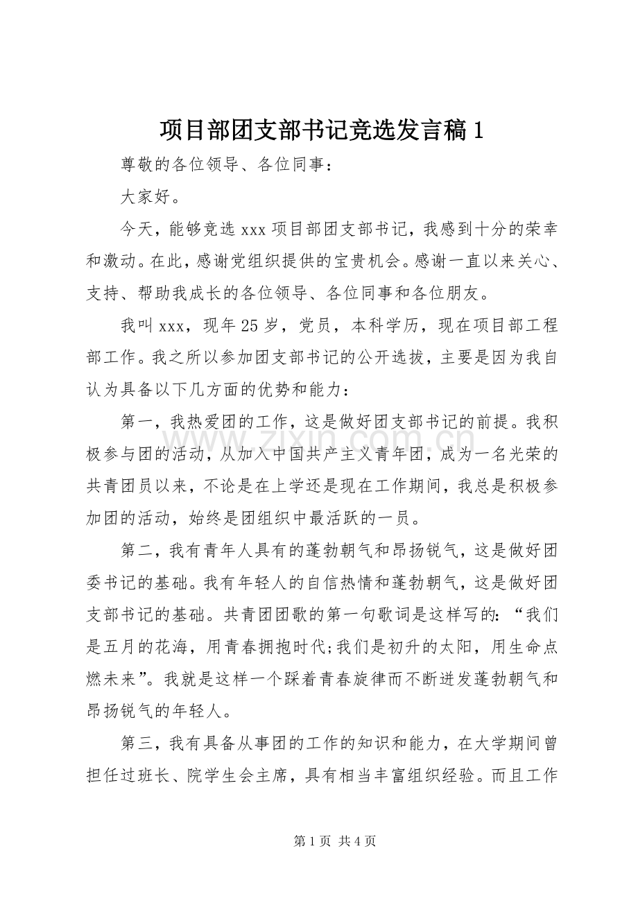 项目部团支部书记竞选发言稿1.docx_第1页