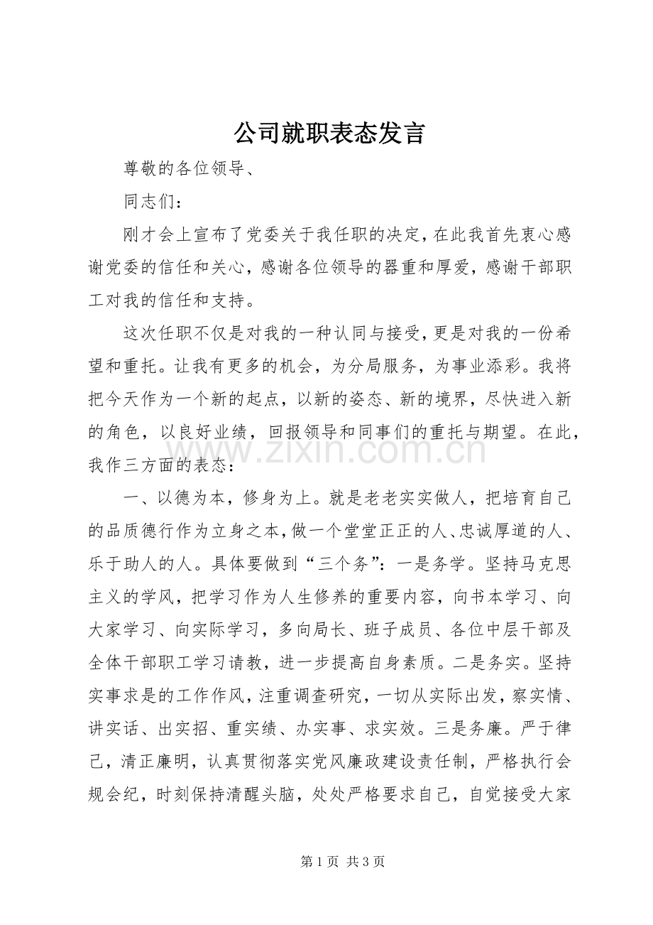 公司就职表态发言稿.docx_第1页