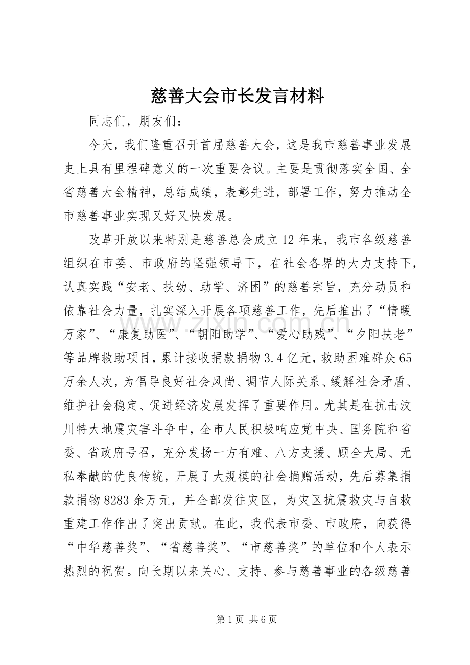 慈善大会市长发言材料提纲.docx_第1页