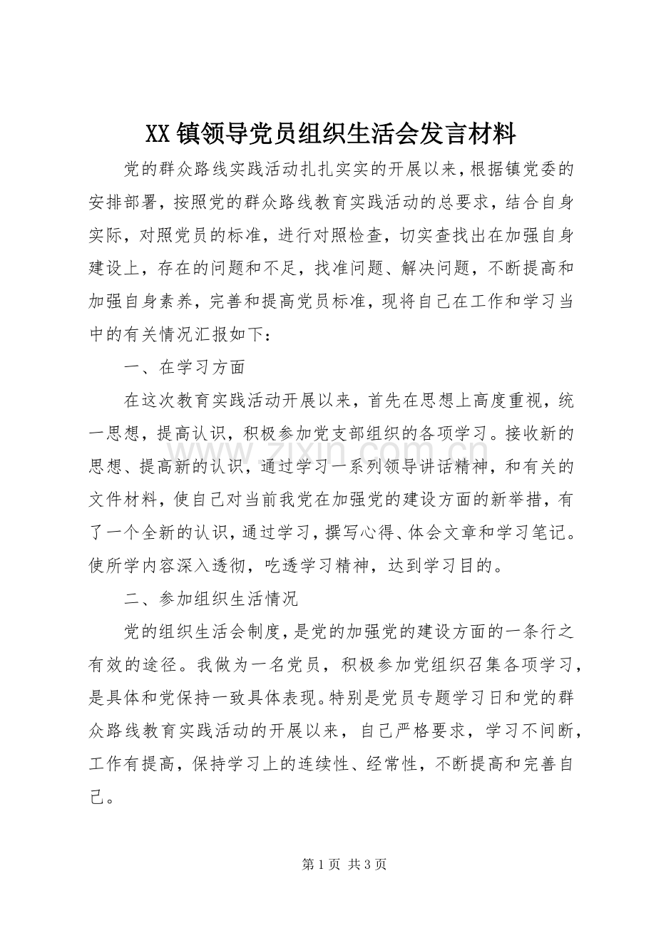 XX镇领导党员组织生活会发言材料提纲.docx_第1页