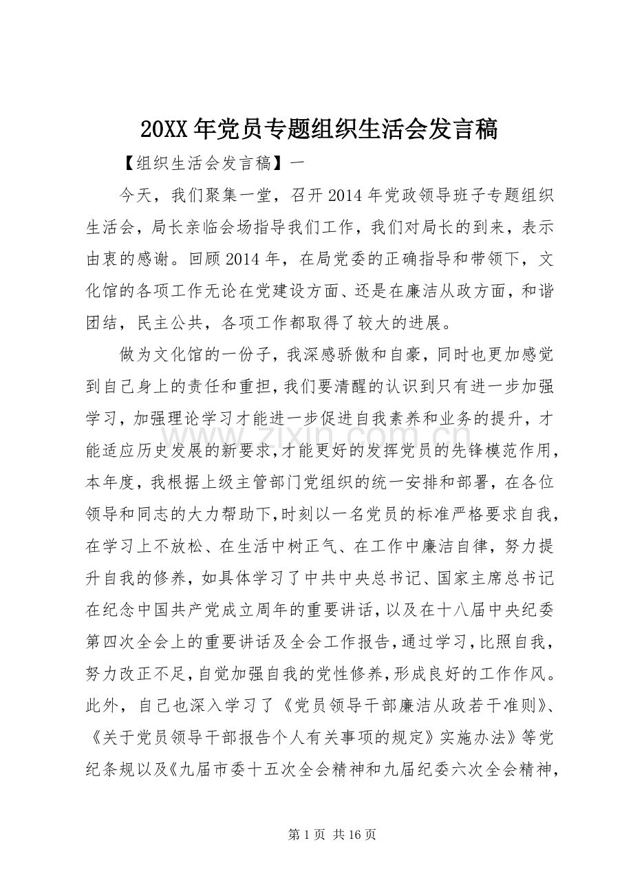 20XX年党员专题组织生活会发言(2).docx_第1页