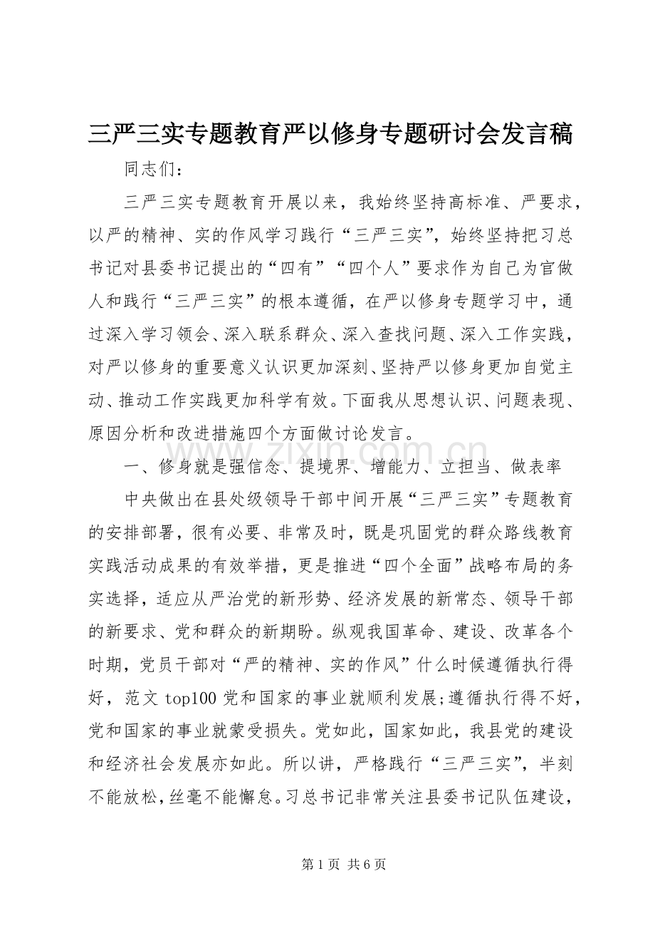 三严三实专题教育严以修身专题研讨会发言.docx_第1页