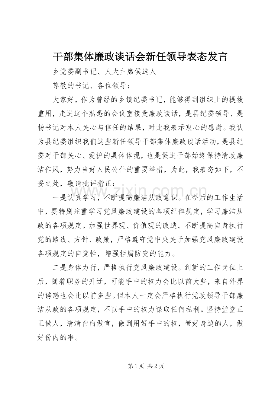 干部集体廉政谈话会新任领导表态发言.docx_第1页