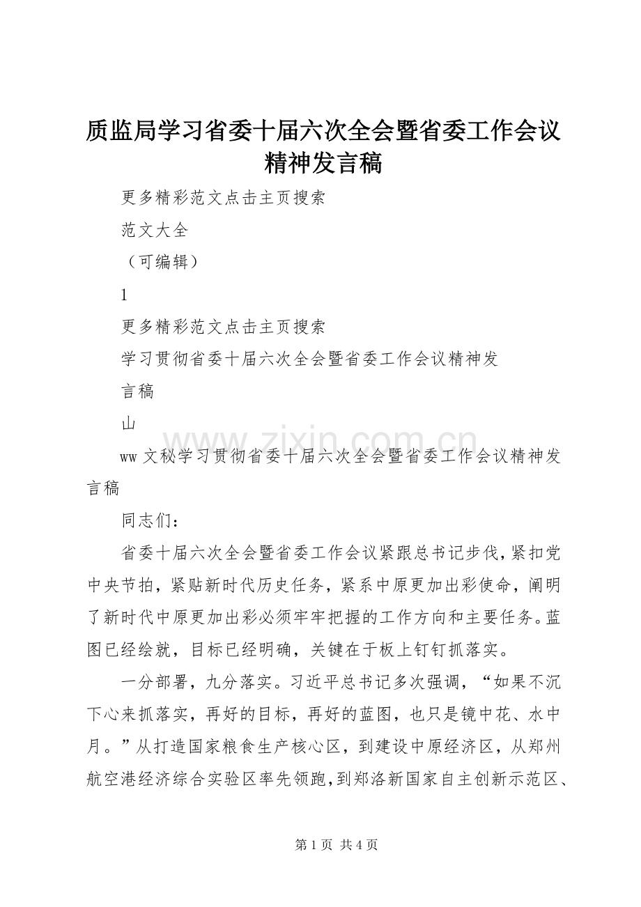 质监局学习省委十届六次全会暨省委工作会议精神发言稿范文.docx_第1页