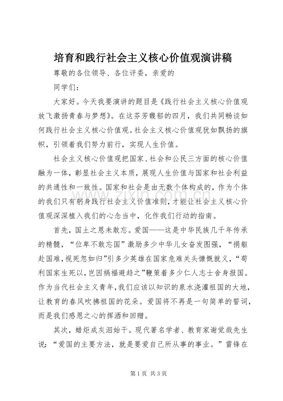 培育和践行社会主义核心价值观演讲致辞.docx_第1页