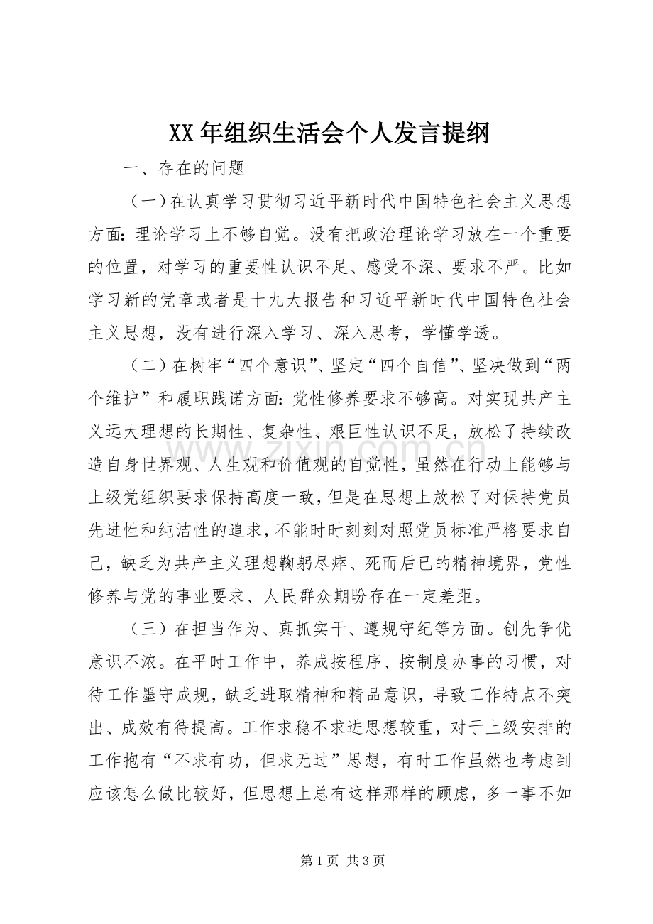 XX年组织生活会个人发言材料.docx_第1页