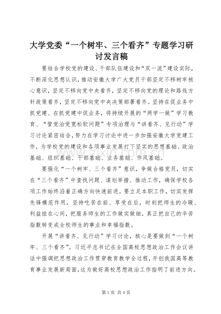 大学党委“一个树牢、三个看齐”专题学习研讨发言.docx_第1页