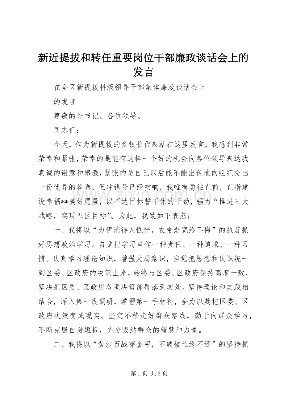 新近提拔和转任重要岗位干部廉政谈话会上的发言稿 (2).docx_第1页