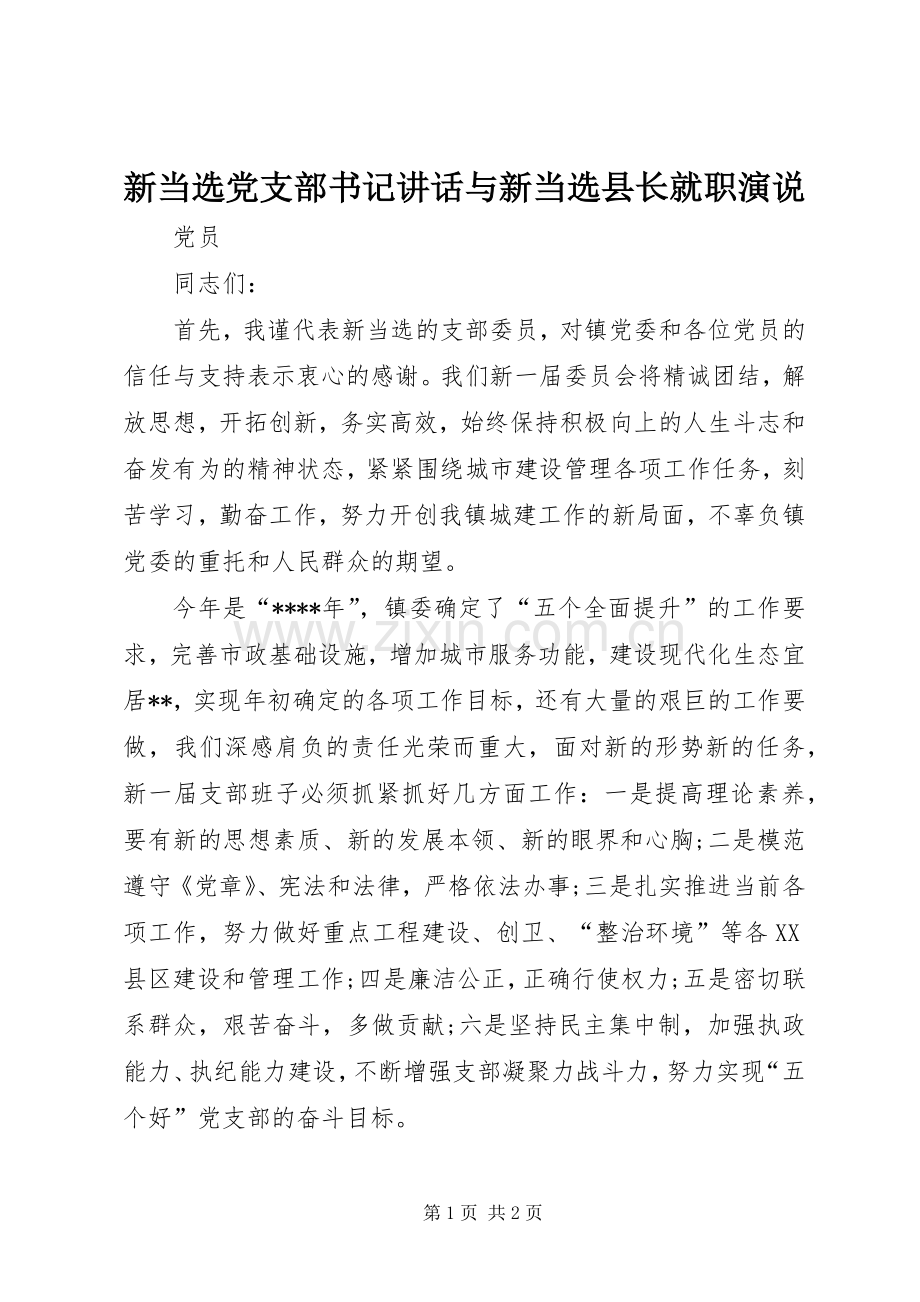 新当选党支部书记讲话与新当选县长就职演说稿 (2).docx_第1页