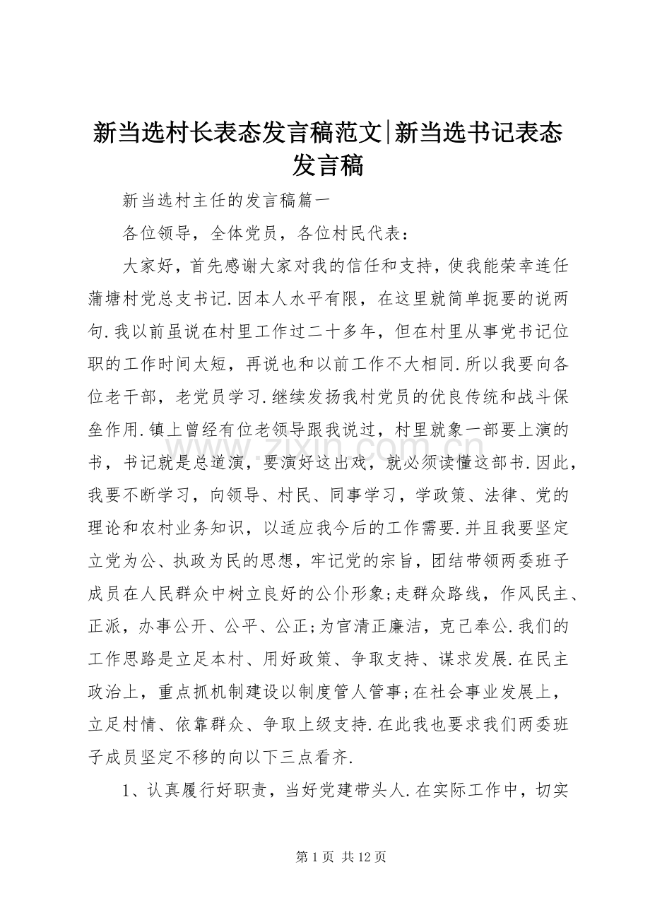 新当选村长表态发言范文-新当选书记表态发言.docx_第1页