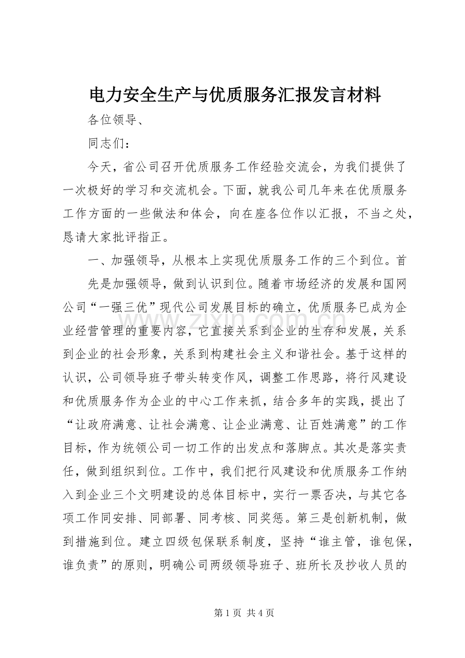 电力安全生产与优质服务汇报发言材料提纲范文.docx_第1页