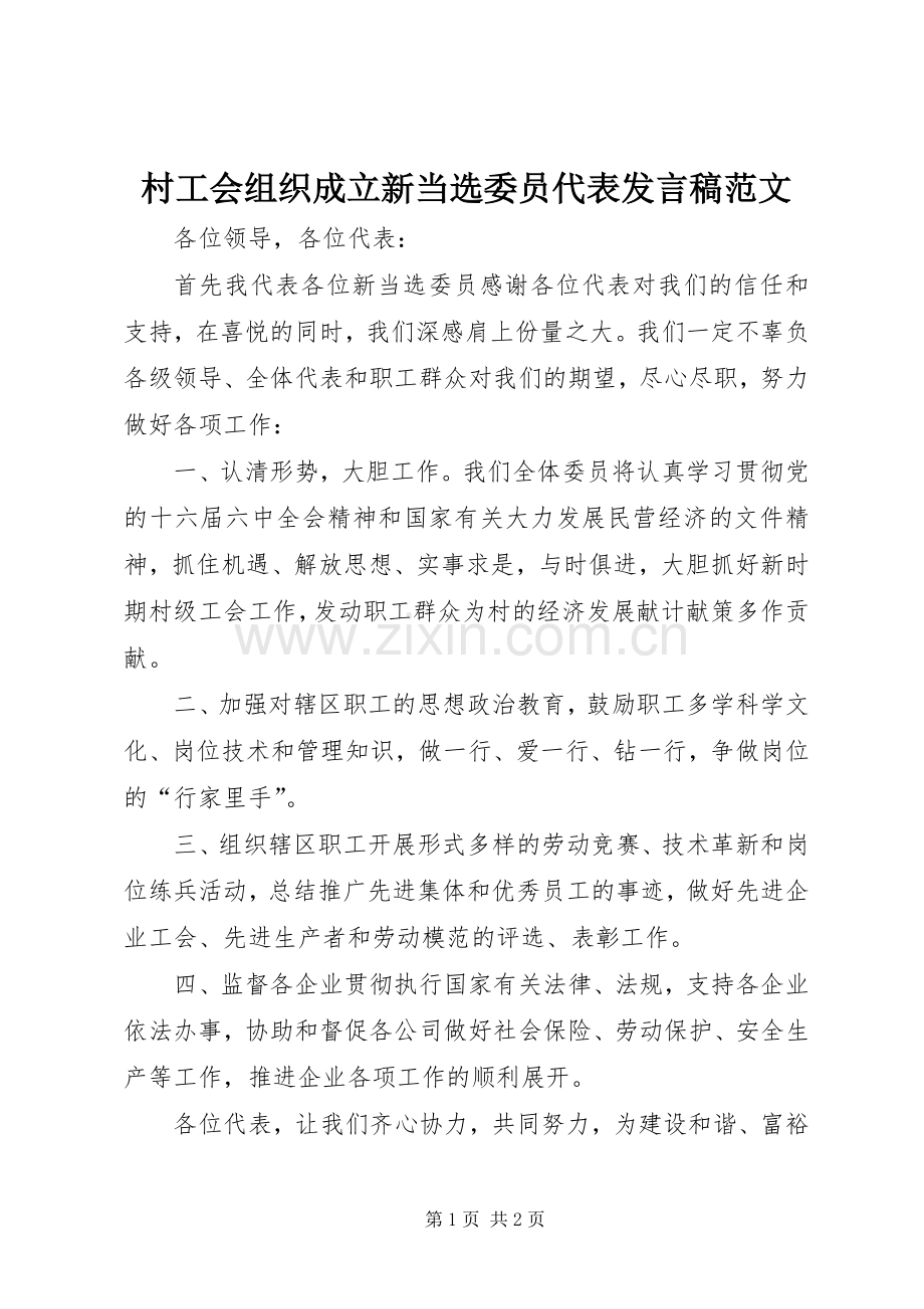 村工会组织成立新当选委员代表发言范文.docx_第1页