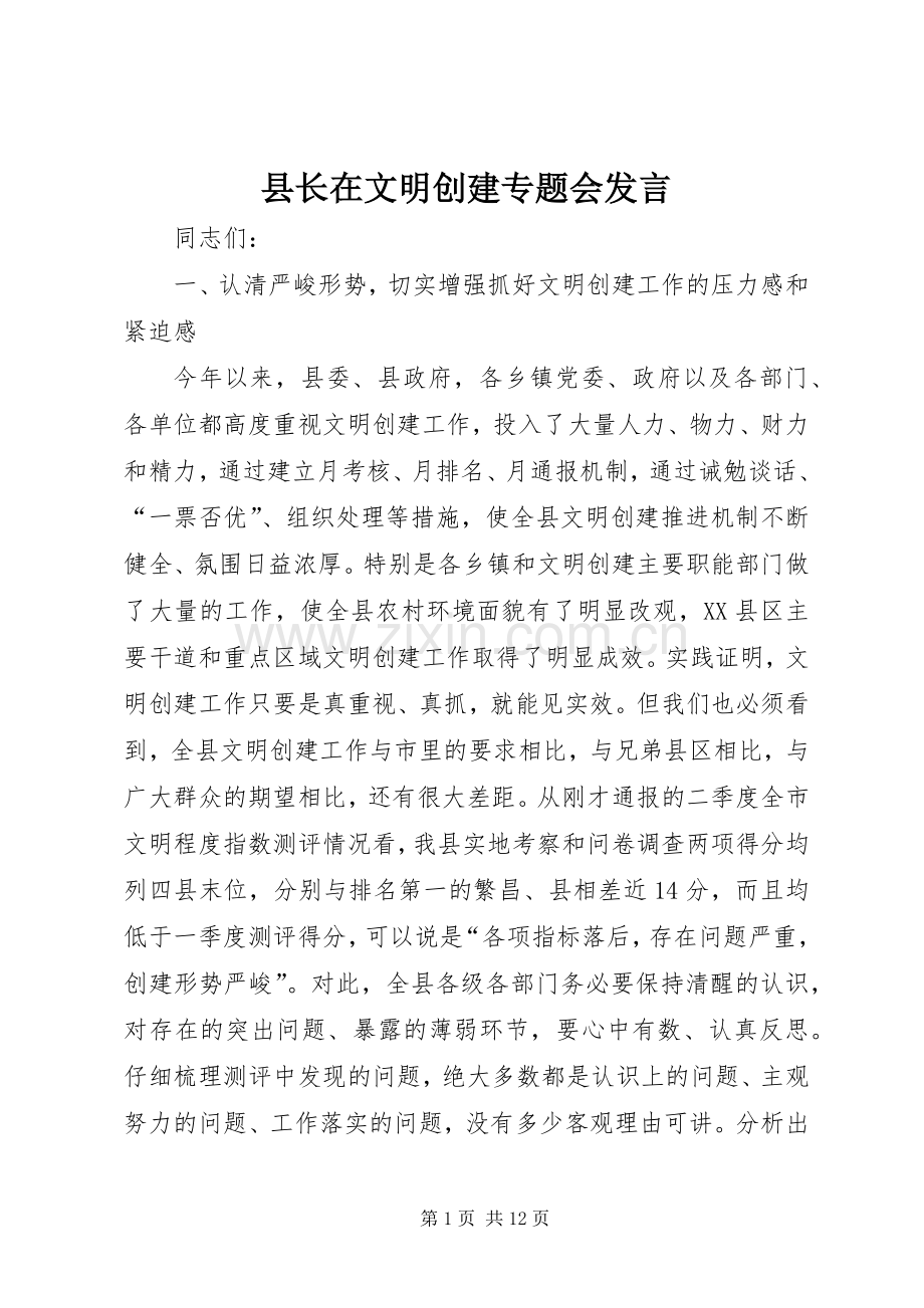 县长在文明创建专题会发言稿.docx_第1页