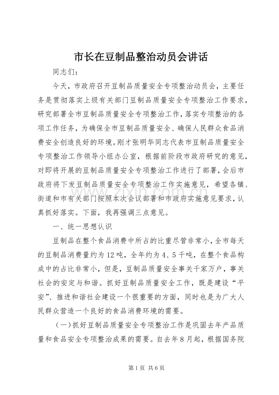 市长在豆制品整治动员会讲话.docx_第1页