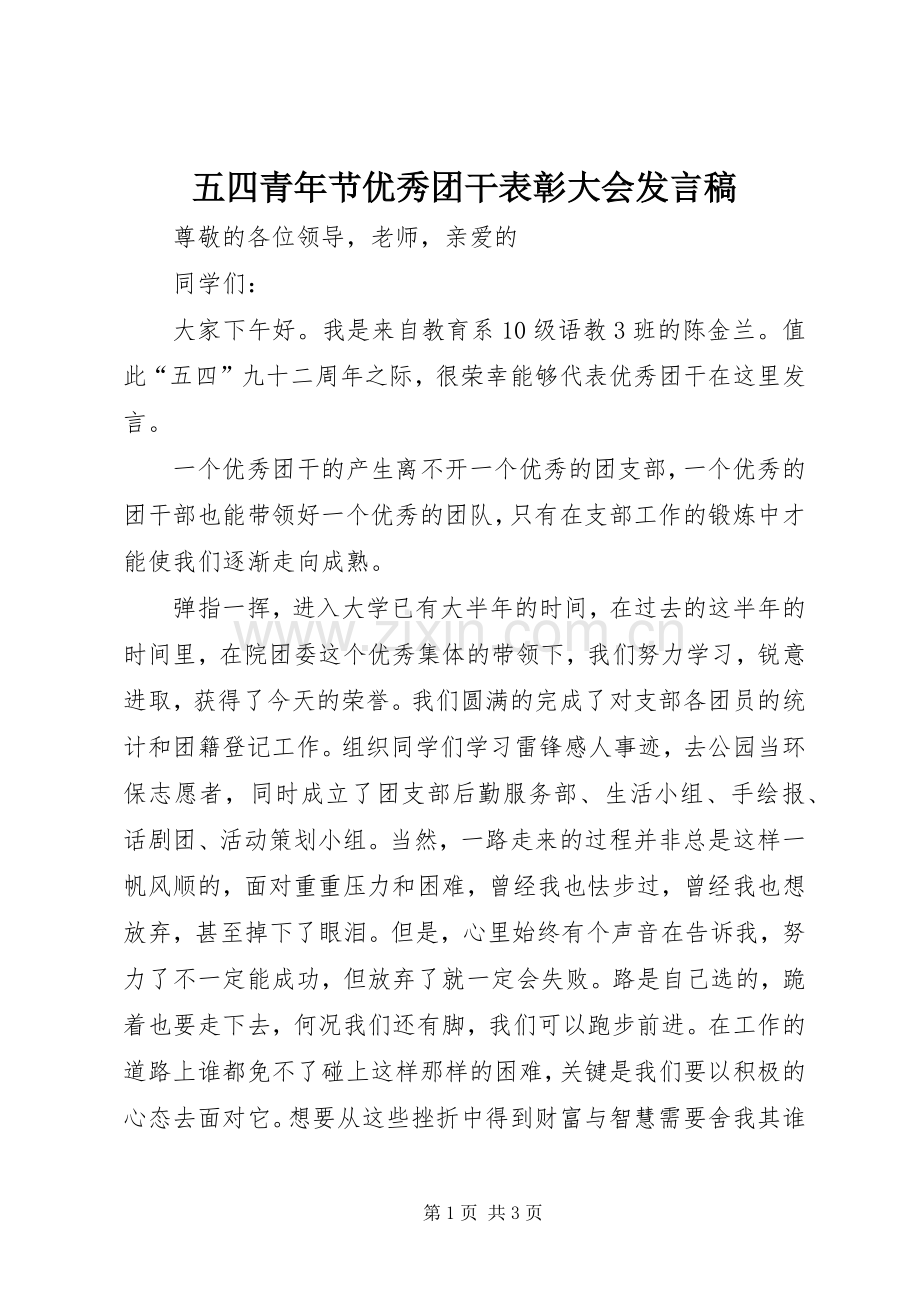 五四青年节优秀团干表彰大会发言.docx_第1页