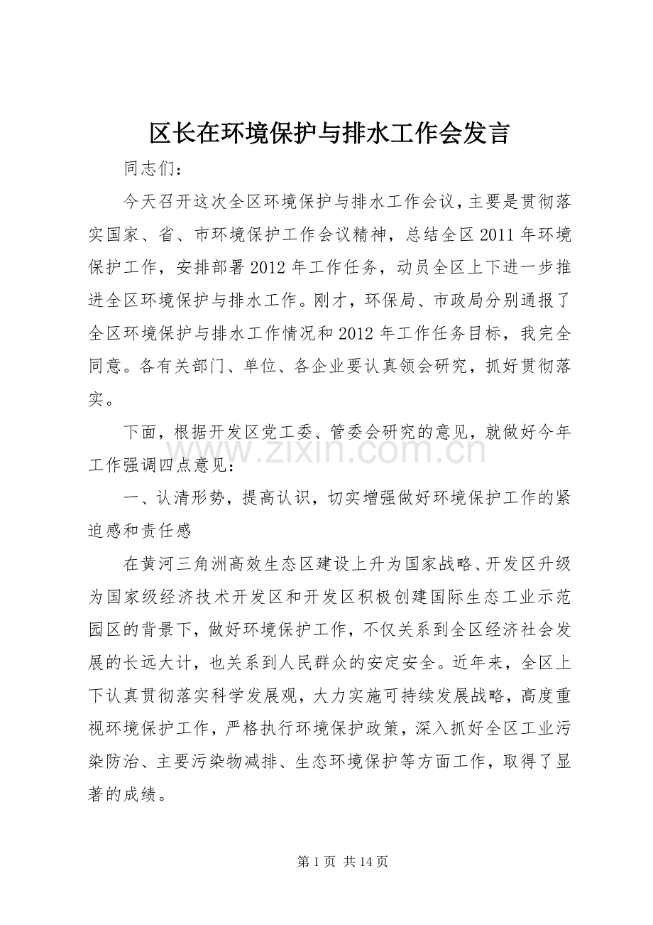 区长在环境保护与排水工作会发言稿.docx_第1页