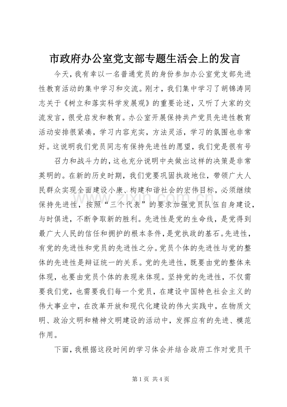 市政府办公室党支部专题生活会上的发言稿.docx_第1页