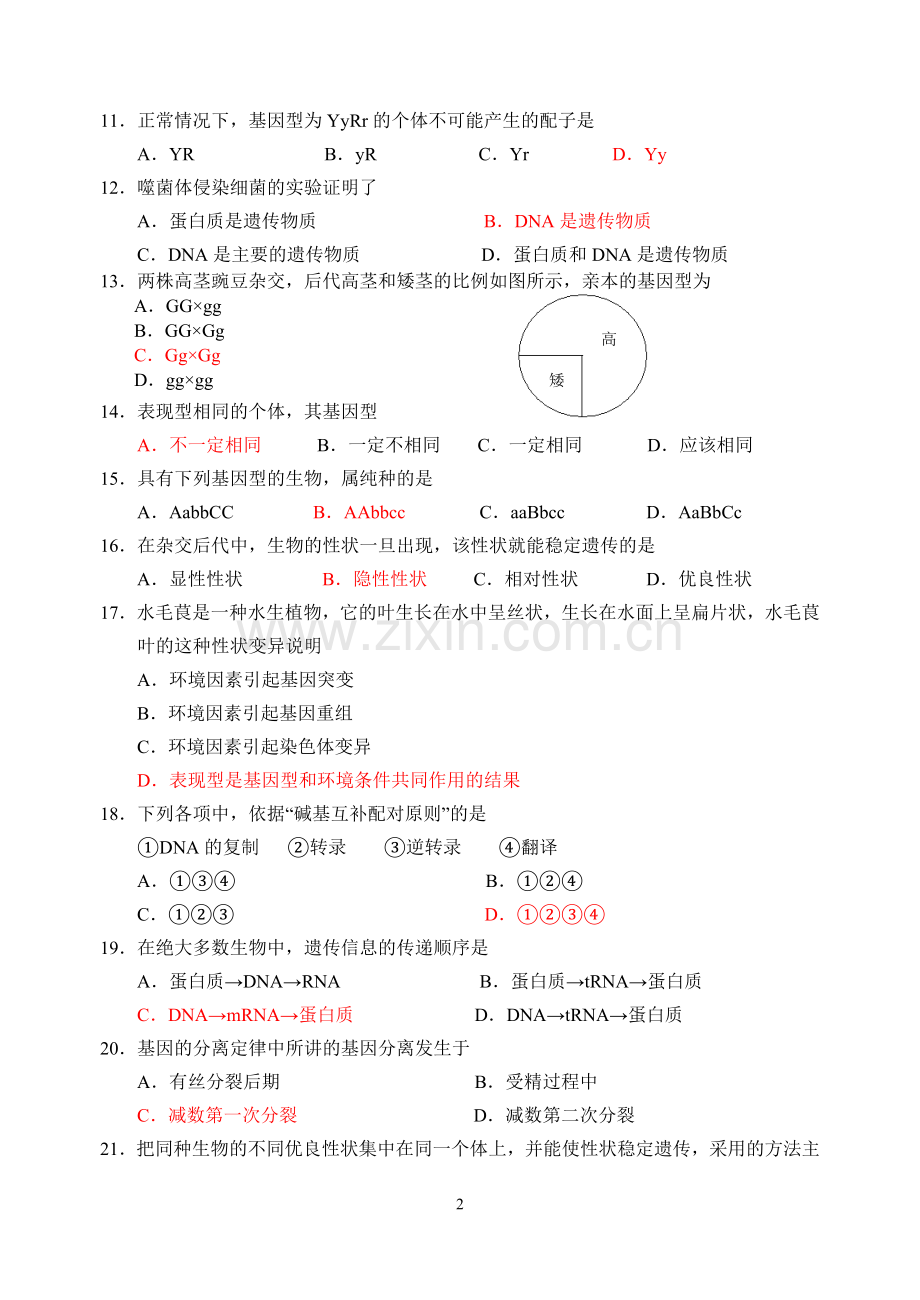 高一第二学期生物综合测试一.doc_第2页