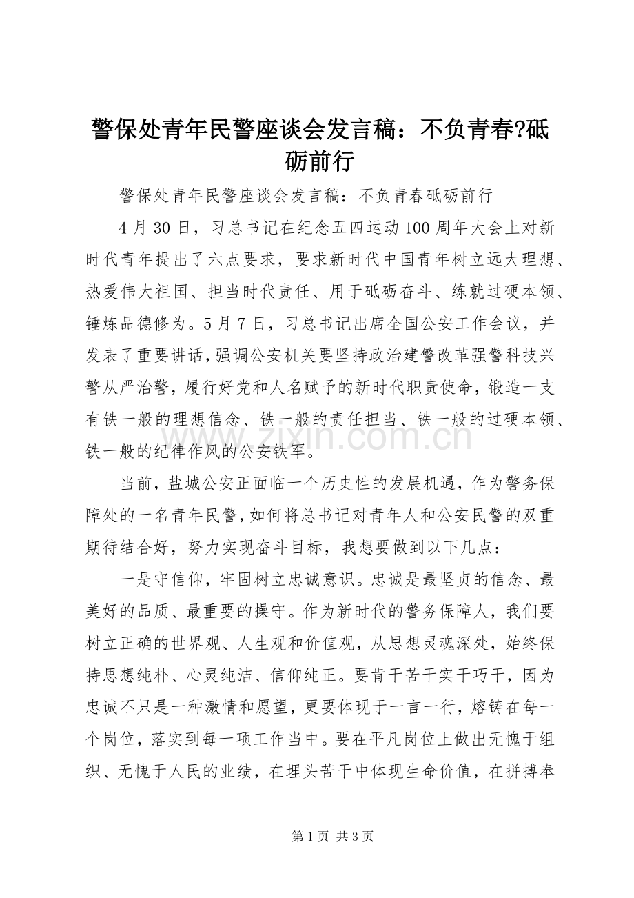 警保处青年民警座谈会发言：不负青春-砥砺前行.docx_第1页