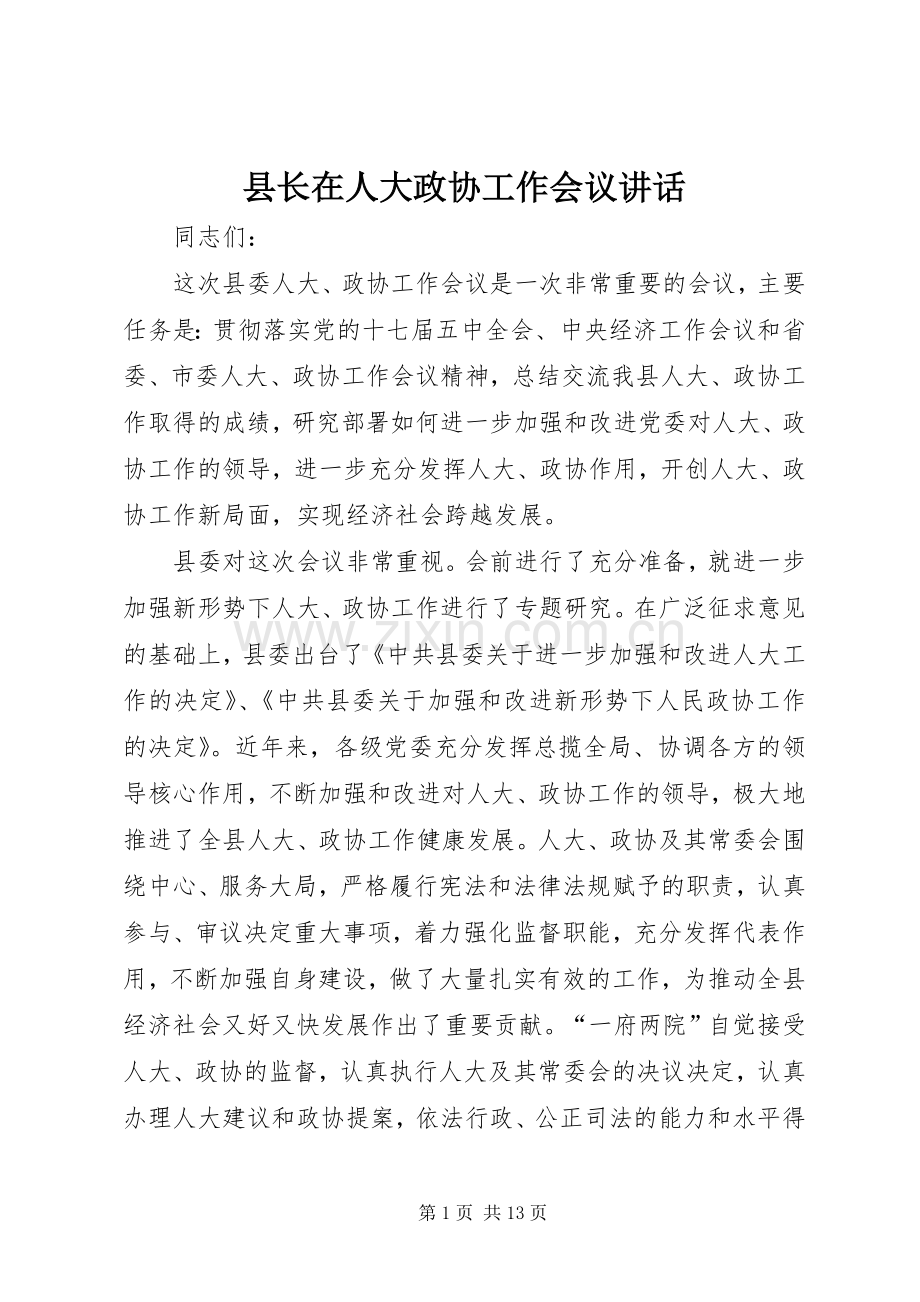 县长在人大政协工作会议讲话.docx_第1页