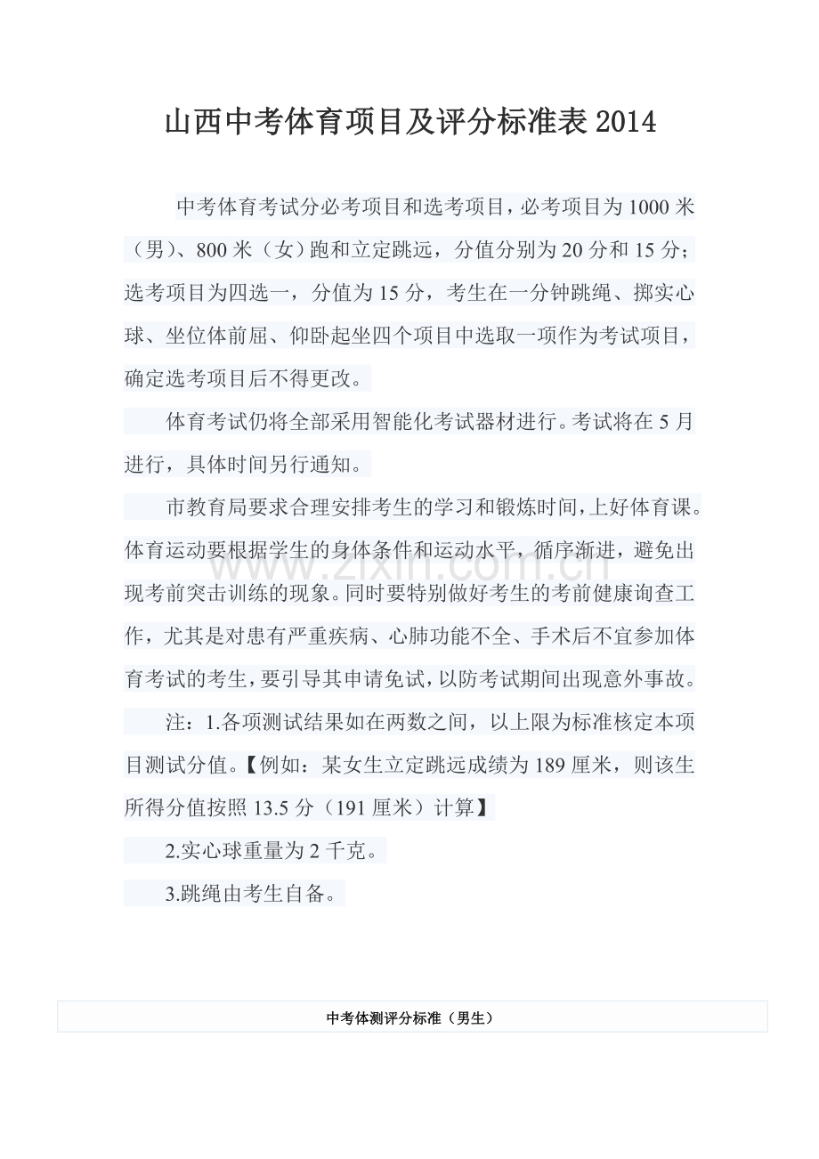 山西中考体育项目及评分标准表.doc_第1页