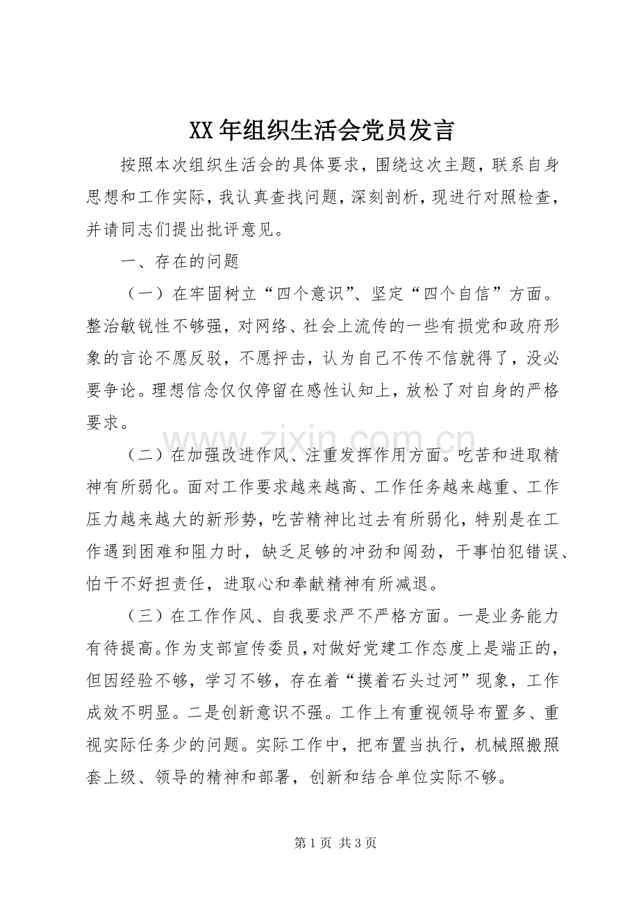 XX年组织生活会党员发言稿.docx_第1页