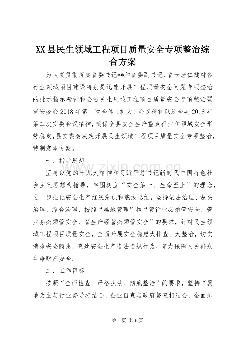 XX县民生领域工程项目质量安全专项整治综合实施方案 .docx_第1页