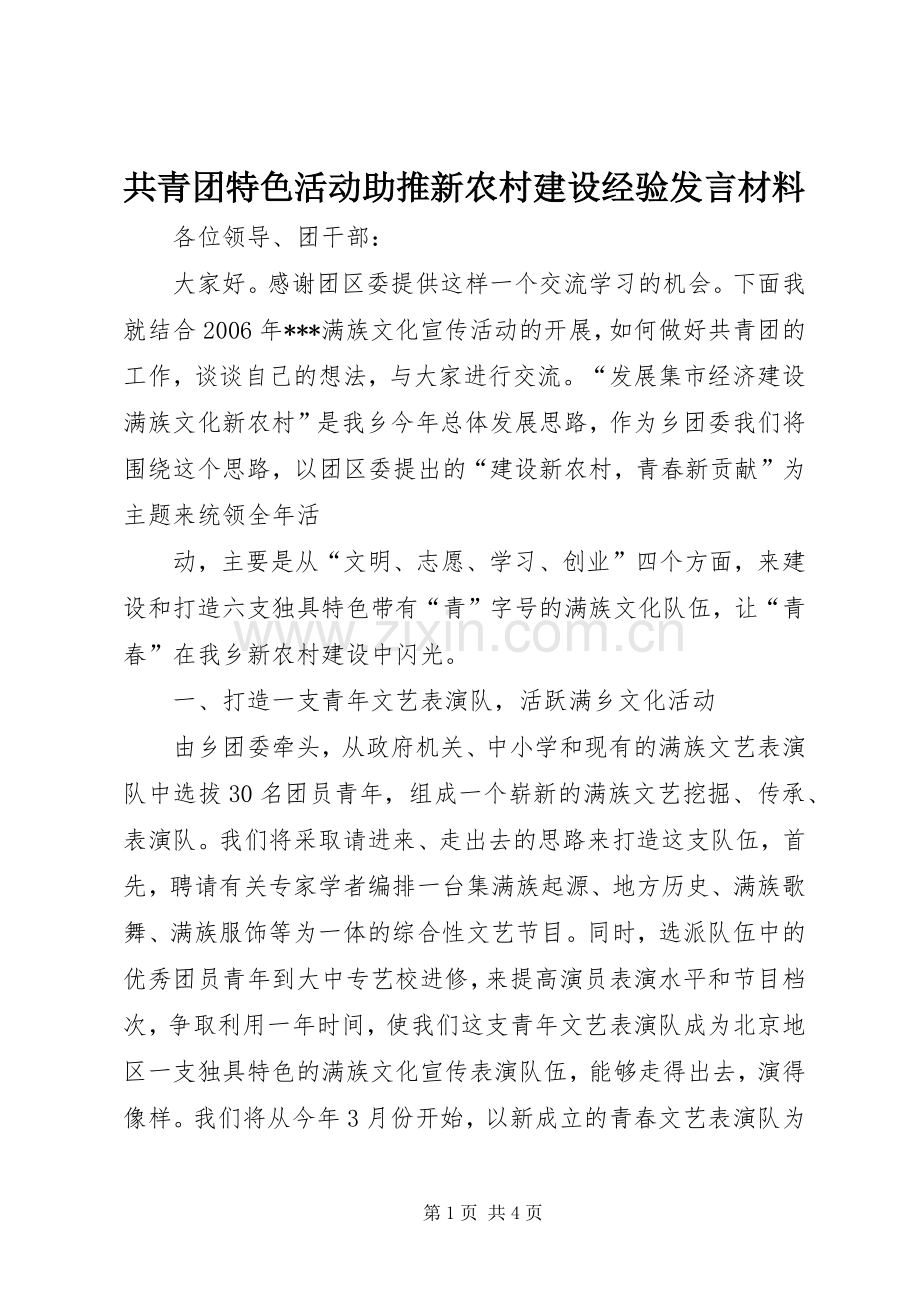 共青团特色活动助推新农村建设经验发言材料提纲范文.docx_第1页