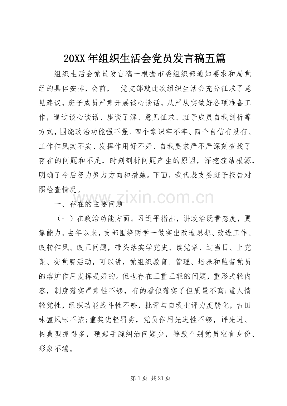 20XX年组织生活会党员发言五篇.docx_第1页