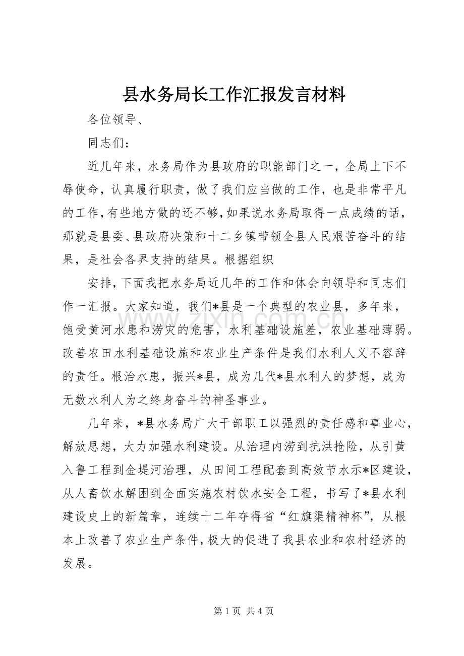 县水务局长工作汇报发言材料提纲范文.docx_第1页