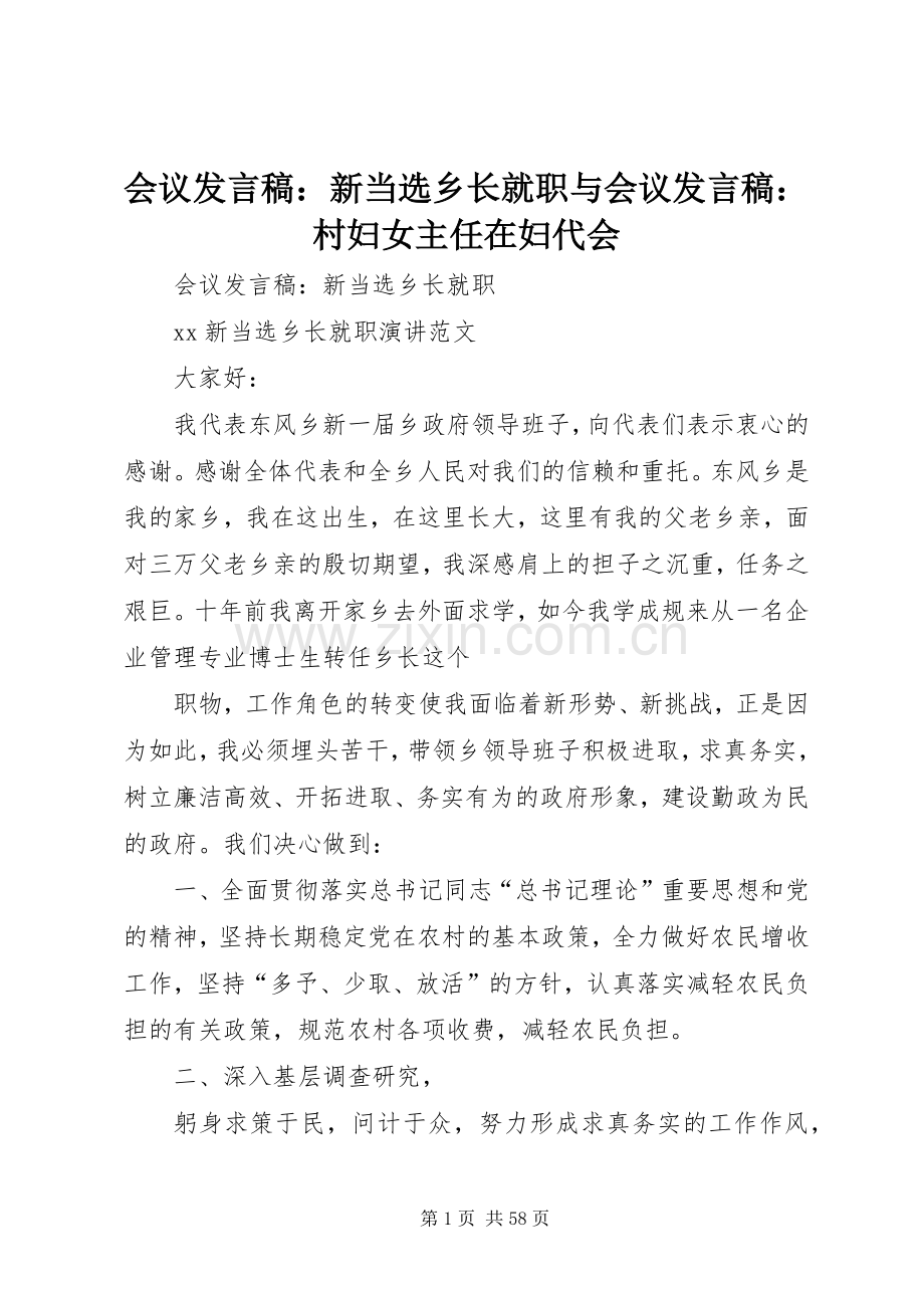 会议发言：新当选乡长就职与会议发言：村妇女主任在妇代会.docx_第1页