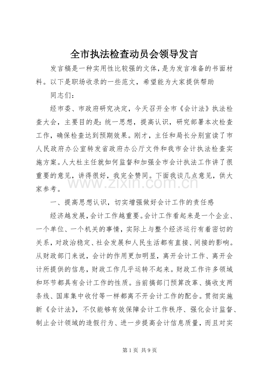 全市执法检查动员会领导发言稿.docx_第1页