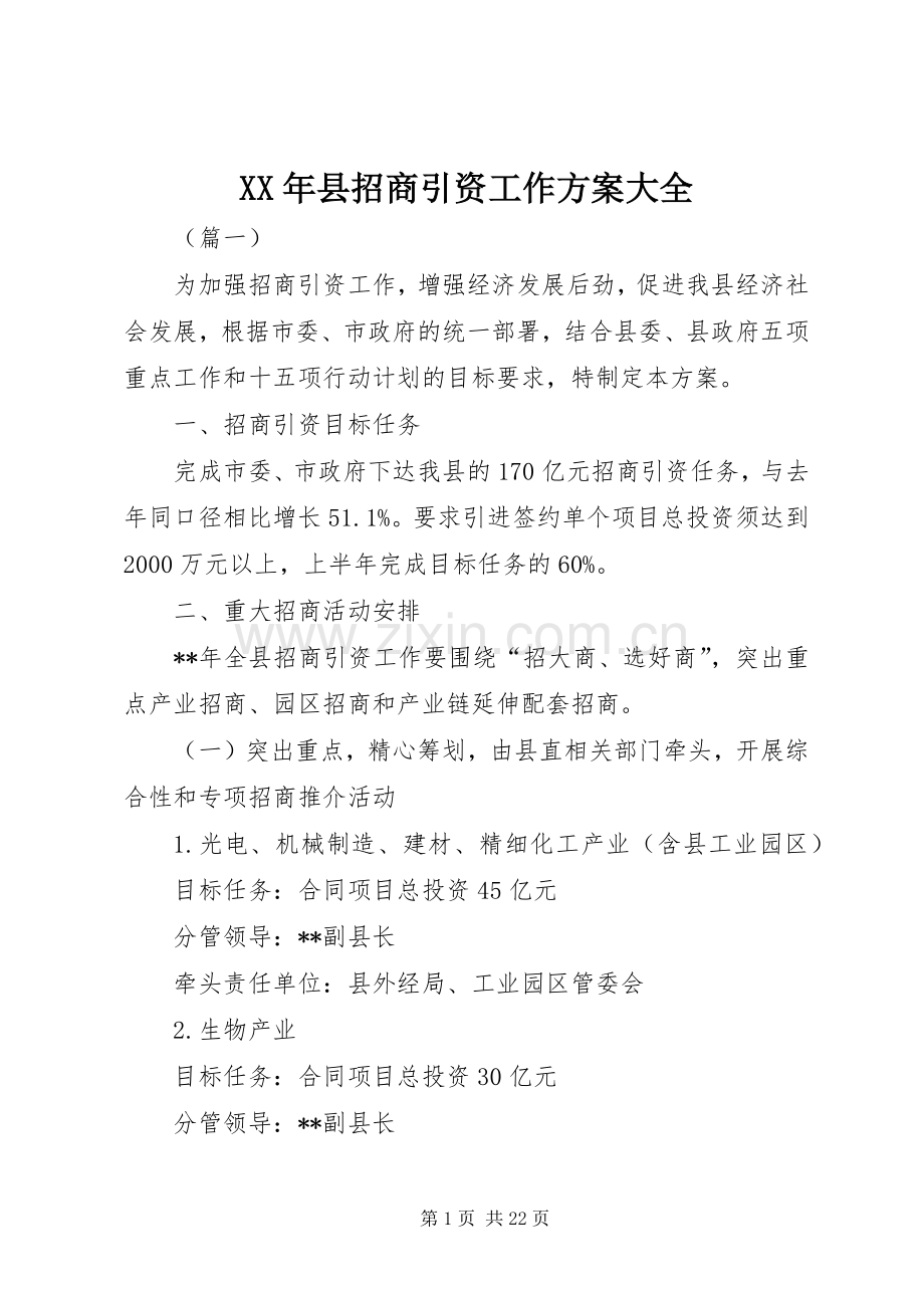 XX年县招商引资工作实施方案大全 .docx_第1页