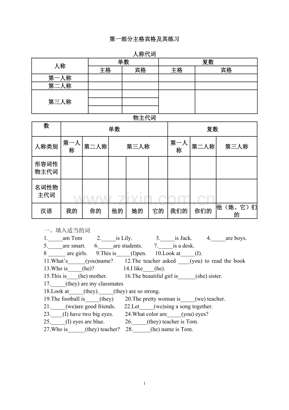 英语主格宾格_形容词性物主代词及名词性物主代词练习题.doc_第1页