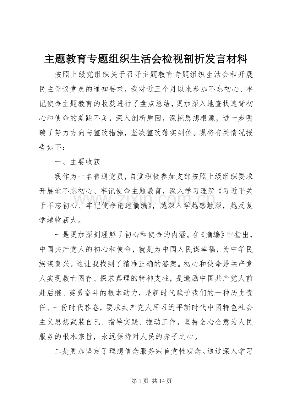 主题教育专题组织生活会检视剖析发言材料提纲.docx_第1页