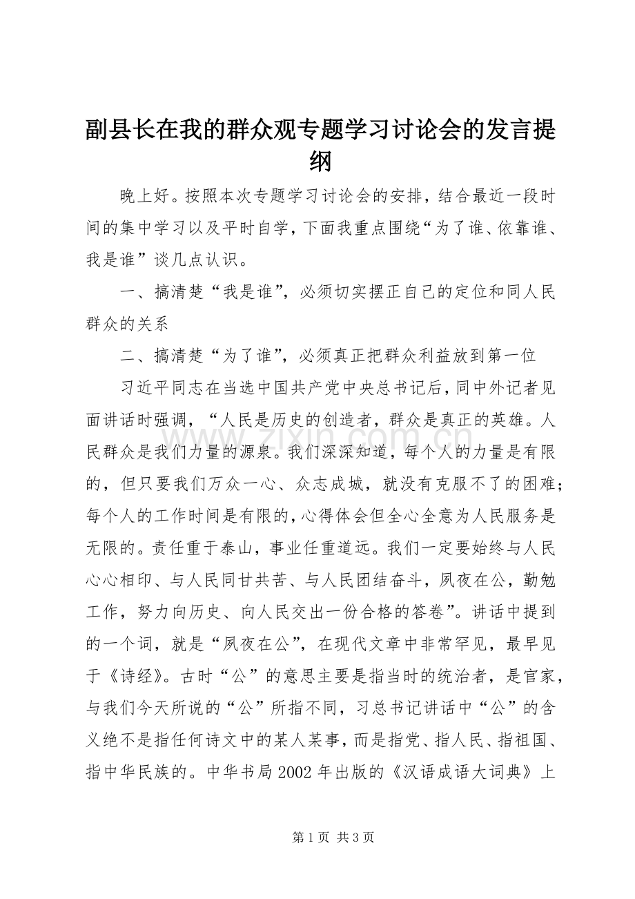 副县长在我的群众观专题学习讨论会的发言提纲.docx_第1页