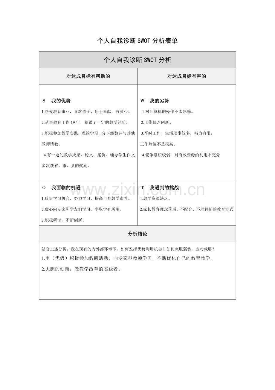 陈静个人自我诊断SWOT分析表.doc_第1页