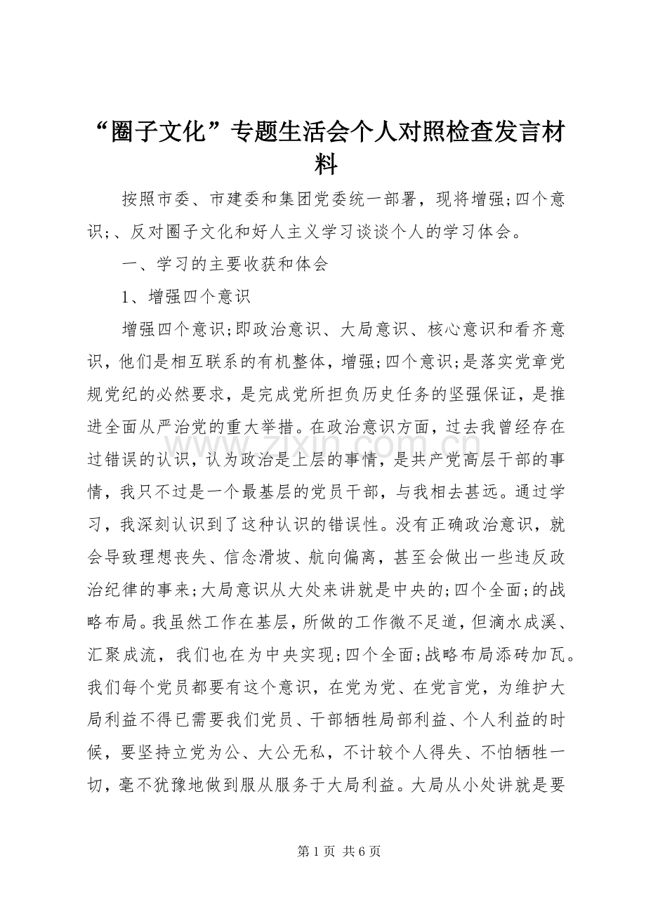 “圈子文化”专题生活会个人对照检查发言材料提纲.docx_第1页