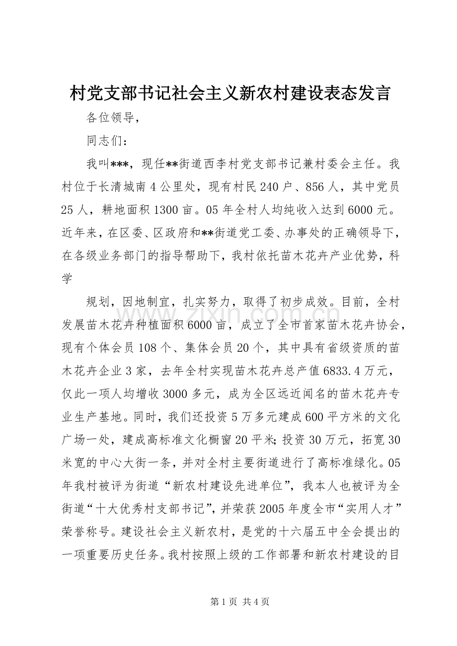 村党支部书记社会主义新农村建设表态发言稿.docx_第1页