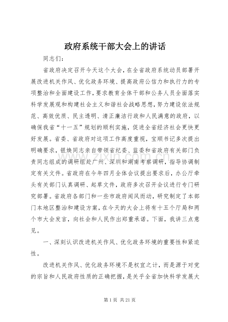 政府系统干部大会上的讲话.docx_第1页