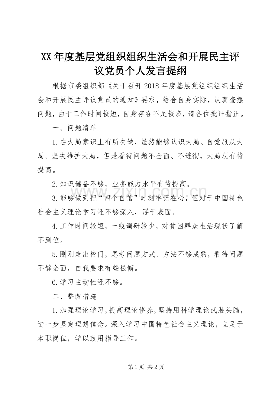 XX年度基层党组织组织生活会和开展民主评议党员个人发言提纲材料.docx_第1页