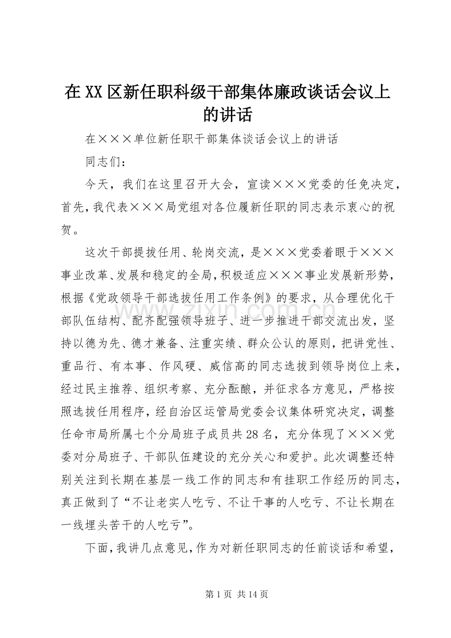 在XX区新任职科级干部集体廉政谈话会议上的讲话.docx_第1页