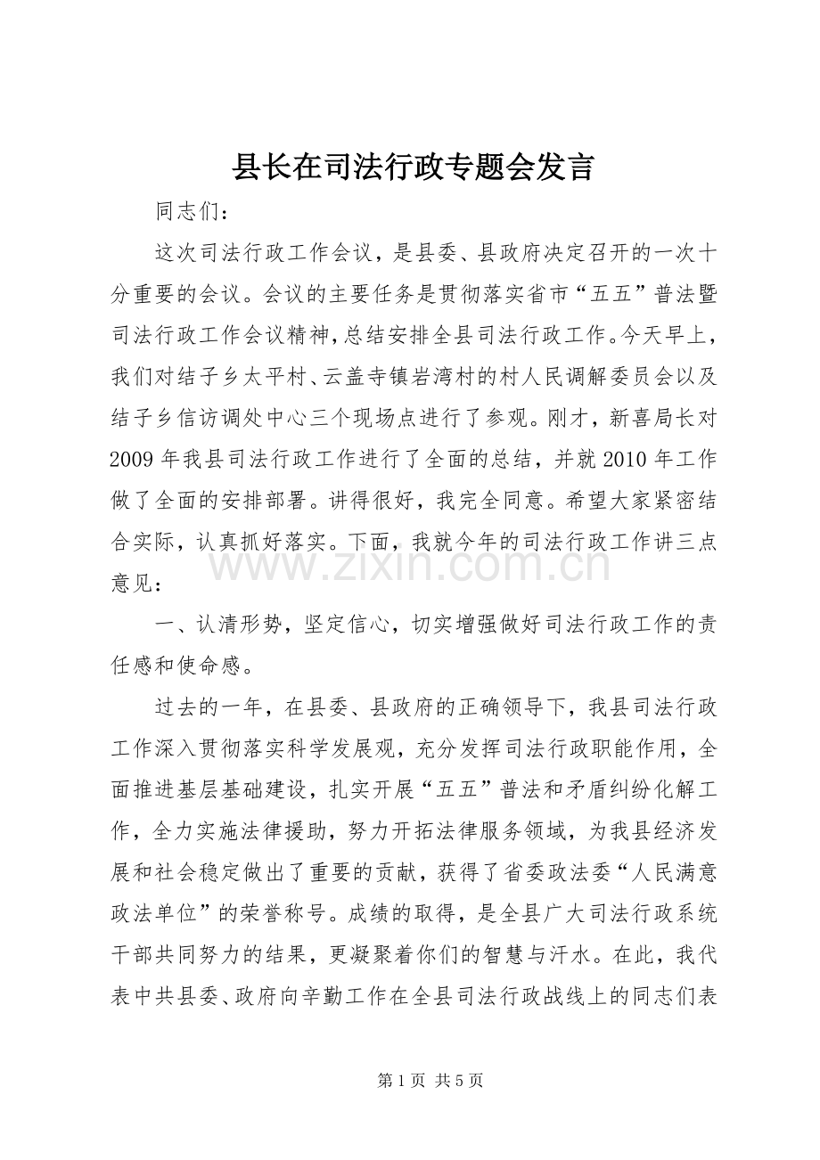 县长在司法行政专题会发言稿.docx_第1页