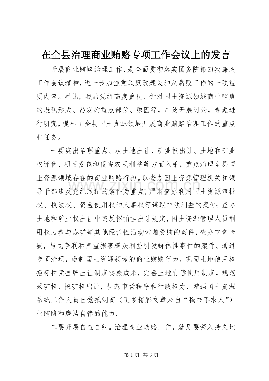 在全县治理商业贿赂专项工作会议上的发言稿 (2).docx_第1页