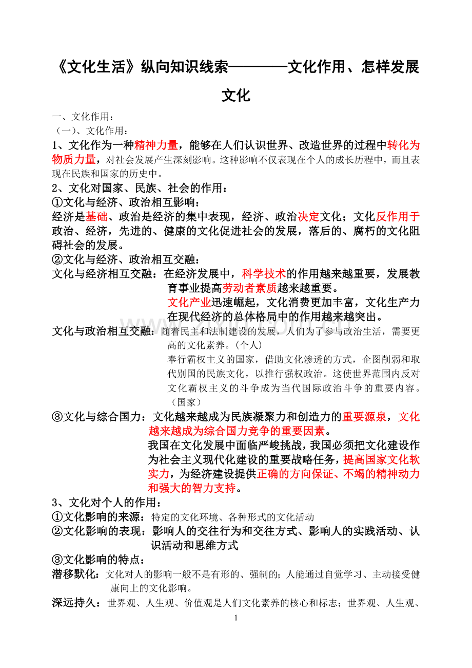 高中政治问答题总结《文化生活》纵向知识线索--作用、怎样做.doc_第1页