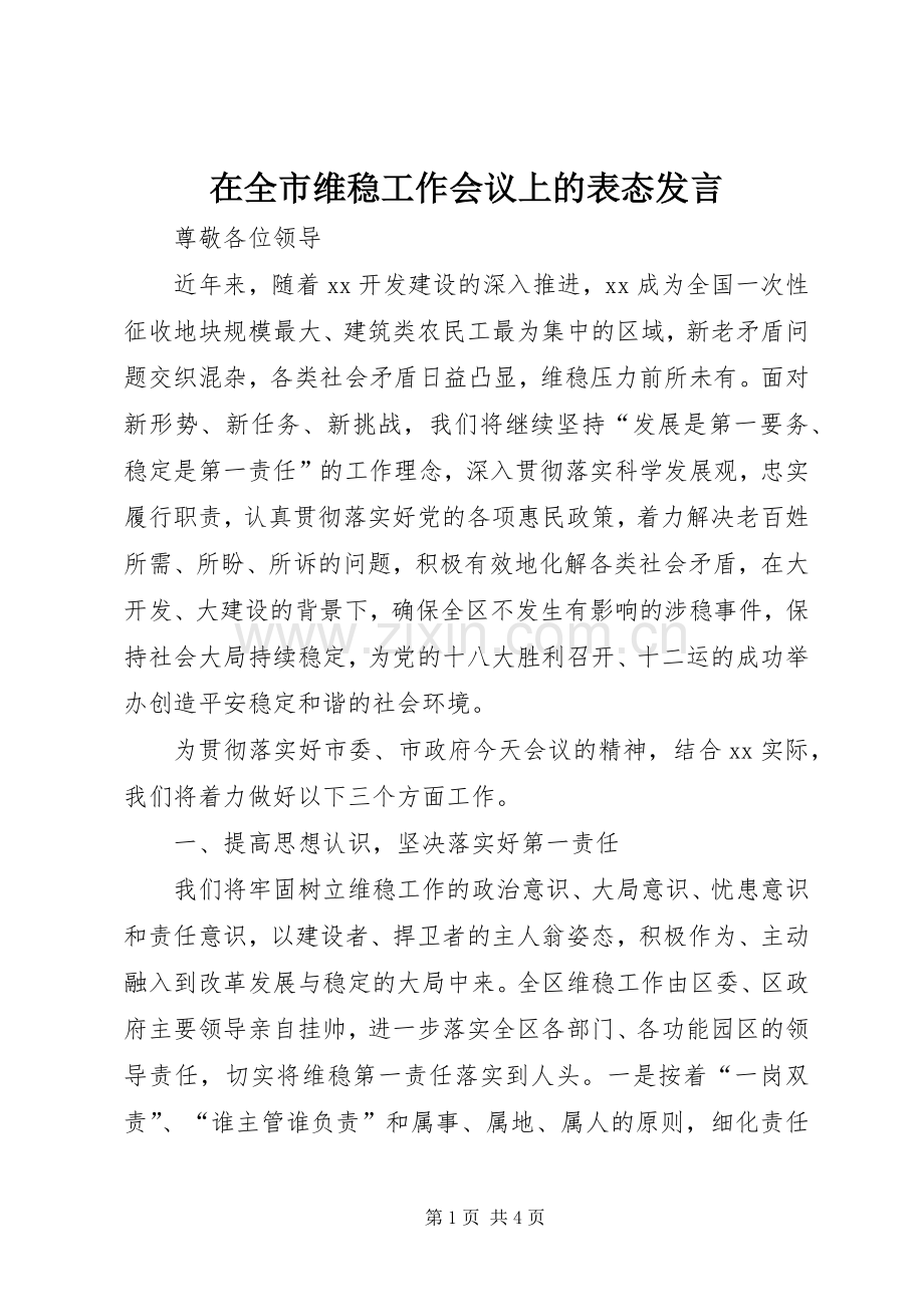 在全市维稳工作会议上的表态发言稿.docx_第1页