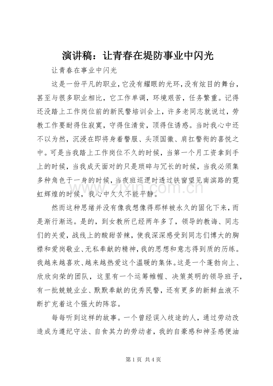 演讲稿范文：让青春在堤防事业中闪光.docx_第1页