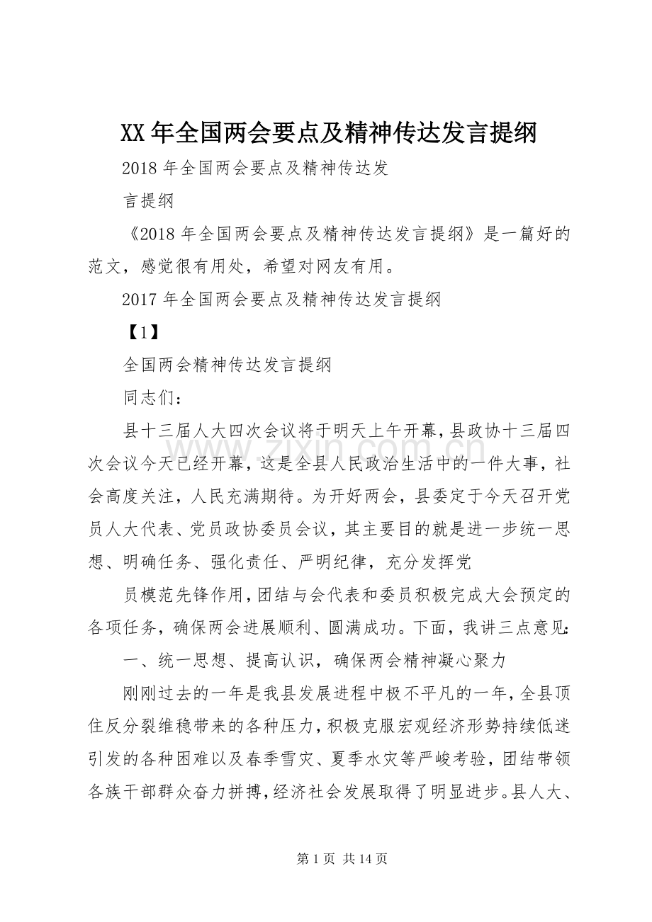 XX年全国两会要点及精神传达发言提纲材料.docx_第1页