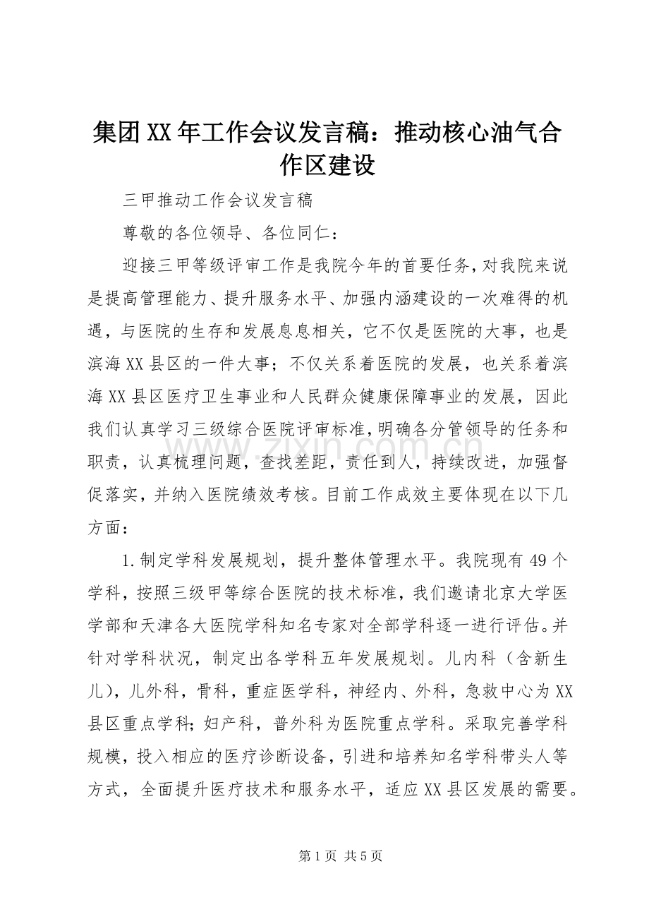 集团XX年工作会议发言稿范文：推动核心油气合作区建设.docx_第1页