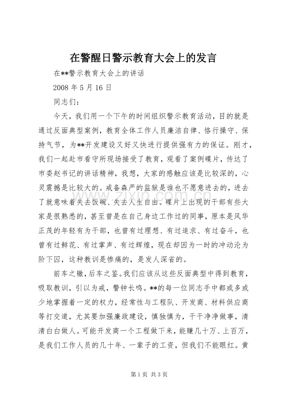 在警醒日警示教育大会上的发言稿 (3).docx_第1页